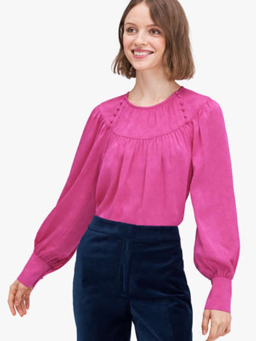 Kate Spade Women’s Satin Floral Jacquard Blouse Medium Long Sleeve Magenta Pink
